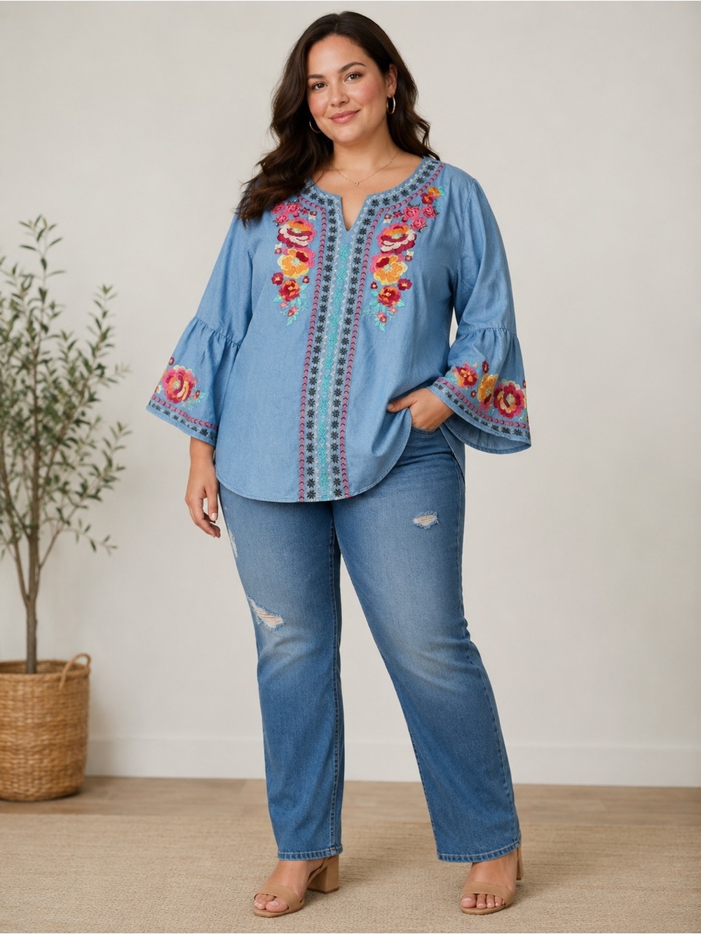 Savanna Jane Blue Jean Floral Embroidered Boho Top Blouse Size 1X Bell Sleeve